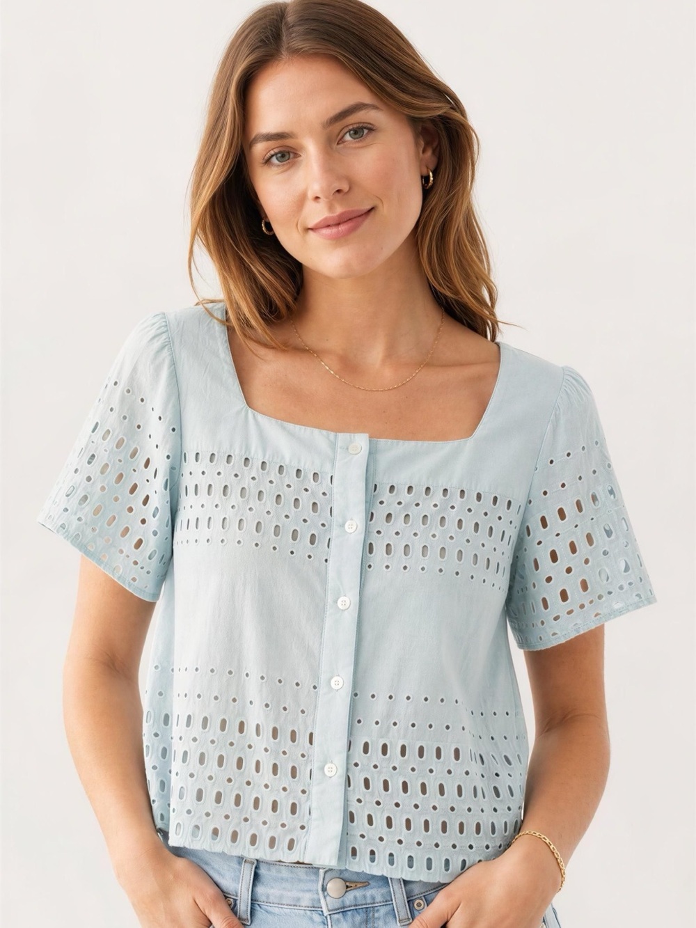 Calypso St. Barth Eyelet Square-Neck Button Front Blouse